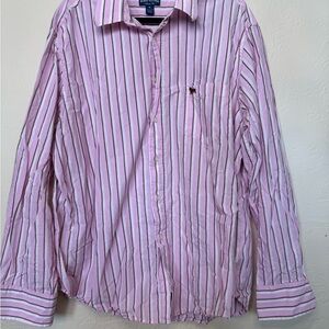 Aeropostale Men's Pink and White Striped Button Down Shirt